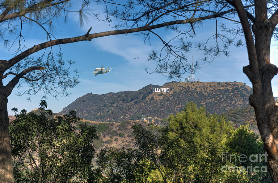 Space shuttle Endeavour over Hollywood Sign  Photograph by David Zanzinger