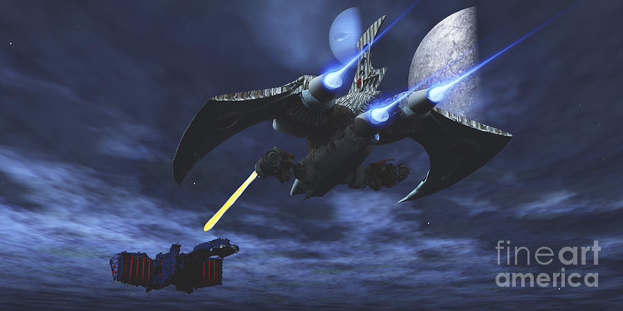 Interstellar Digital Art - Spaceship Blasts A Laser Beam Toward An by Corey Ford