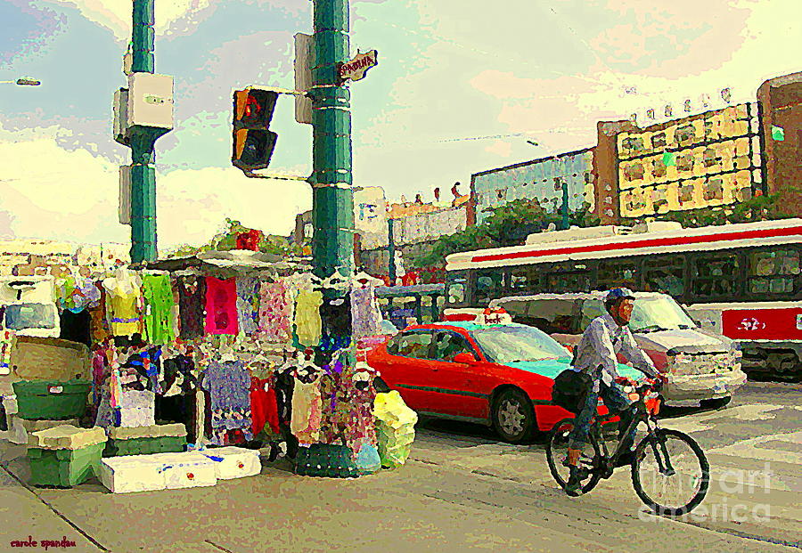 Spadina Street Vendor Chinatown Cyclists Cable Cars And Cabs Cityscapes Toronto Art Carole Spandau Painting by Carole Spandau