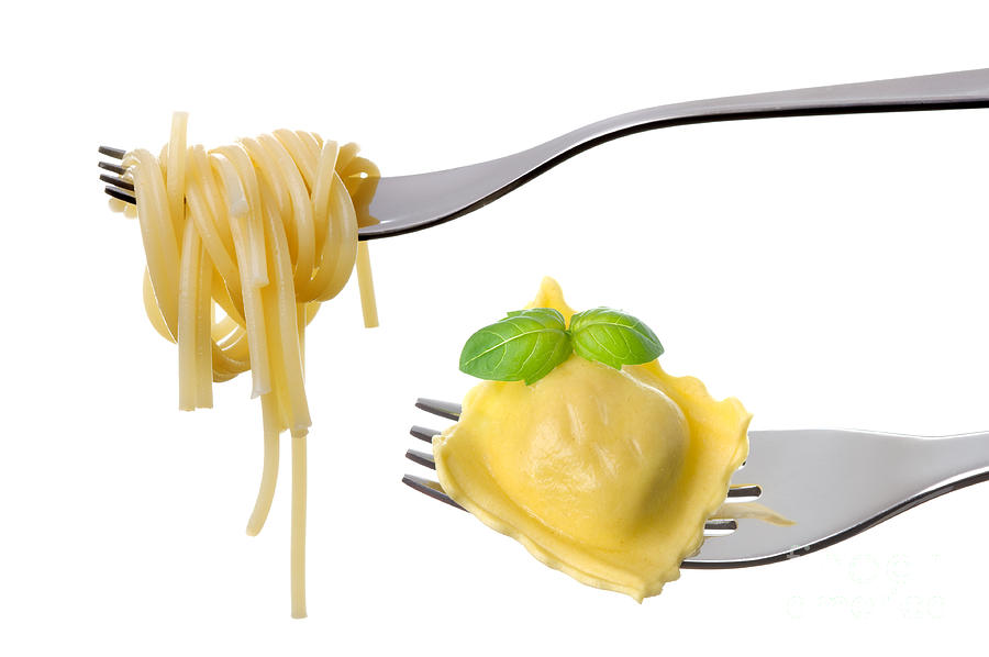 Spaghetti And Ravioli On Forks White Background Photograph by Lee Avison
