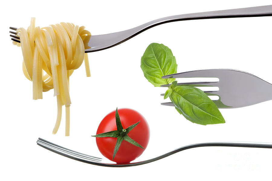 Spaghetti Basil And Tomato On Forks Isolated Photograph by Lee Avison