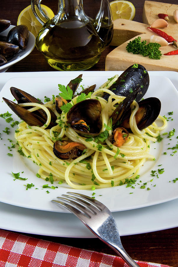 Fish Photograph - Spaghetti With Mussels (mytilus by Nico Tondini