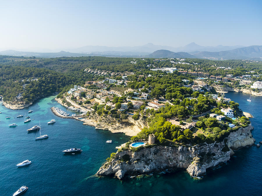 Spain, Mallorca, Palma de Mallorca, Aerial view, El Toro, Villas and yachts near Portals Vells Photograph by Westend61