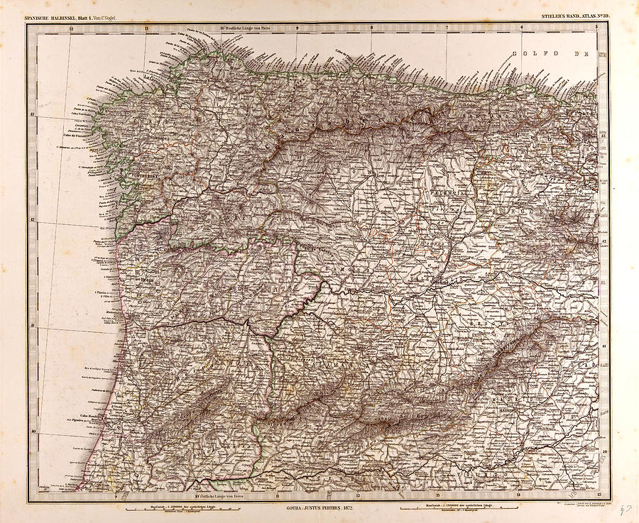 Vintage Drawing - Spain Map 1872 Gotha Justus Perthes 1872 Atlas by Spanish School
