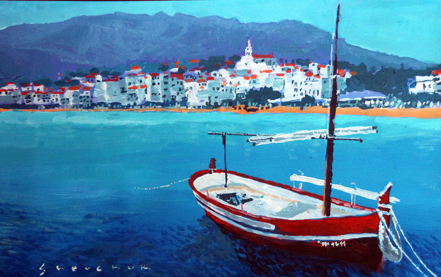 Architecture Painting - Spain Series 08 Cadaques Red Boat by Yuriy Shevchuk
