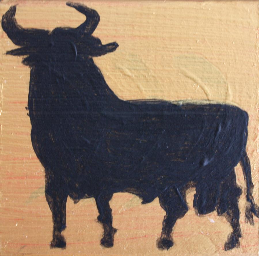 Spanish Black Bull Gold Red Painting by Roger Cummiskey