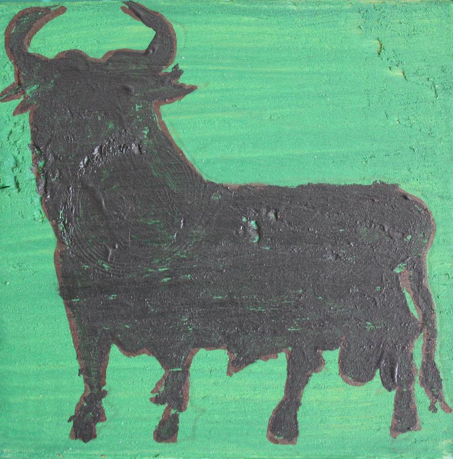 Spanish Black Bull Green Painting by Roger Cummiskey