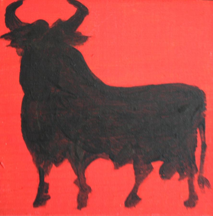Spanish Black Bull Red Painting by Roger Cummiskey