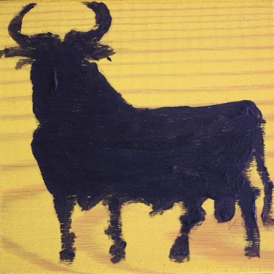 Spanish Black Bull Yellow Painting by Roger Cummiskey