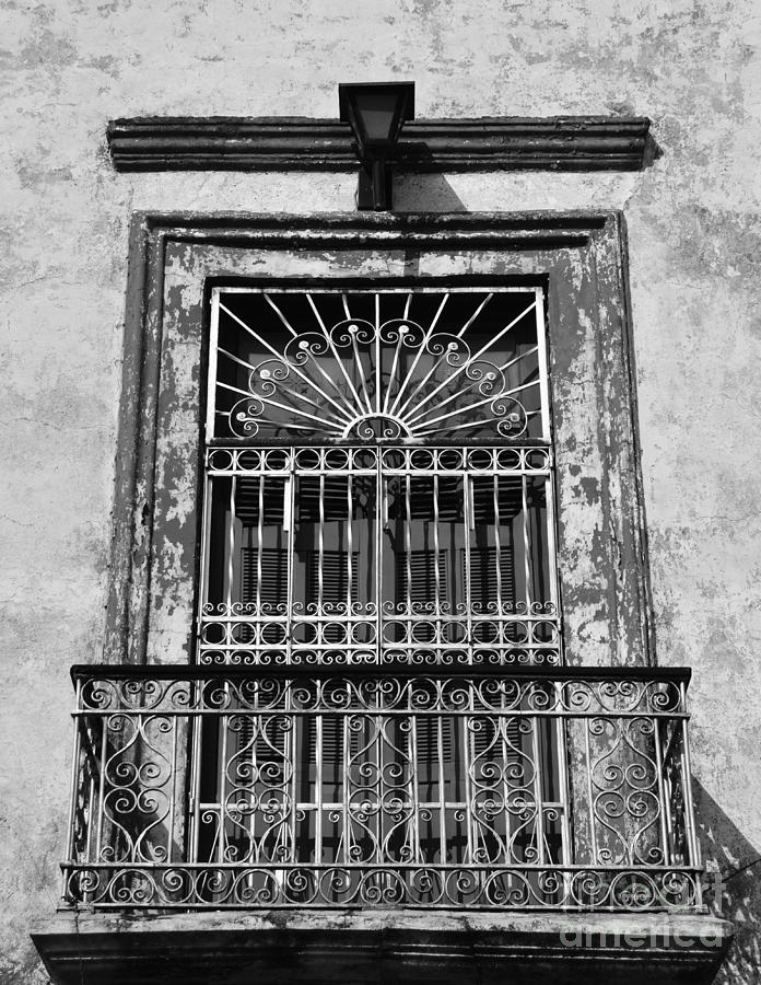 Architecture Photograph - Spanish Colonial Wrought Iron Balcony Veranda in Merida Mexico Black and White by Shawn OBrien