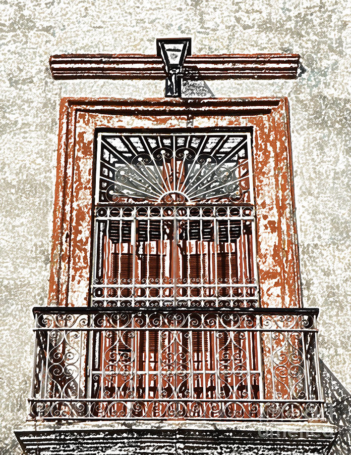 Architecture Digital Art - Spanish Colonial Wrought Iron Balcony Veranda in Merida Mexico Colored Pencil Digital Art by Shawn OBrien