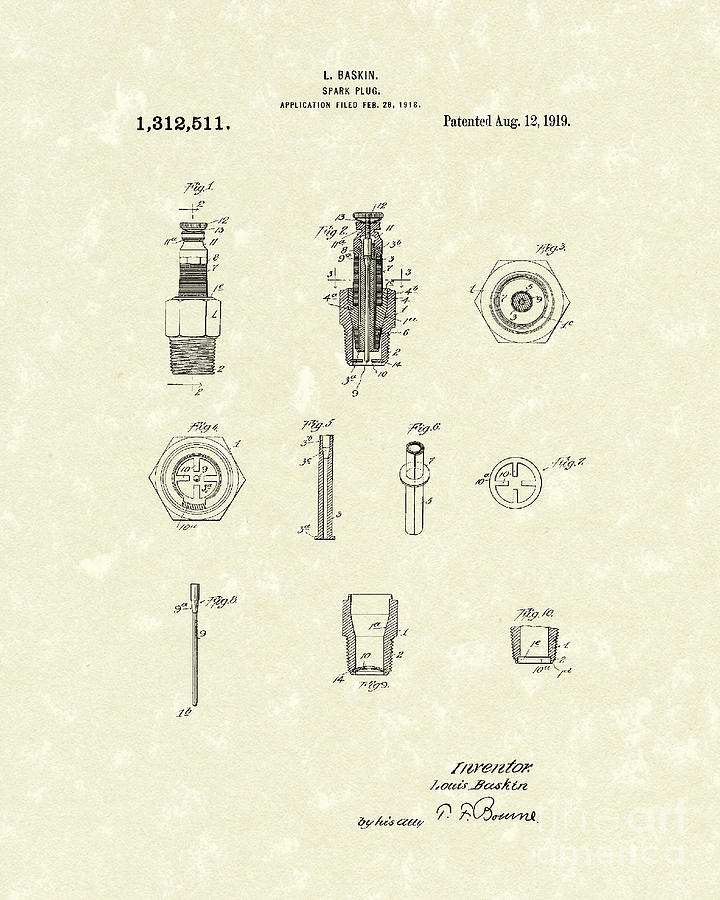 Spark Plug 1919 Patent Art Drawing by Prior Art Design