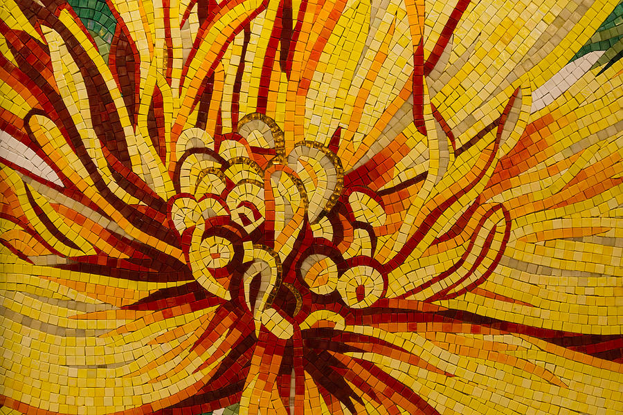Sparkling Intricate Golds and Yellows - a Floral Ceramic Tile Mosaic Photograph by Georgia Mizuleva
