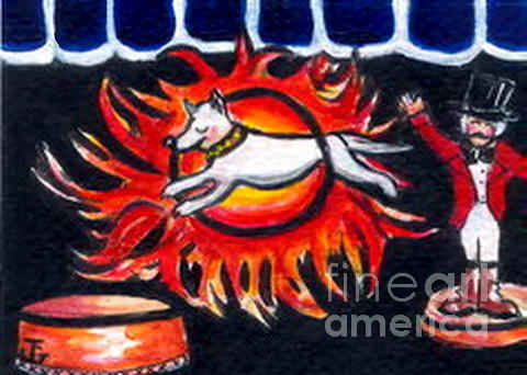 Sparky the Dog Jumps through the fiery hoop Painting by Joyce Gebauer