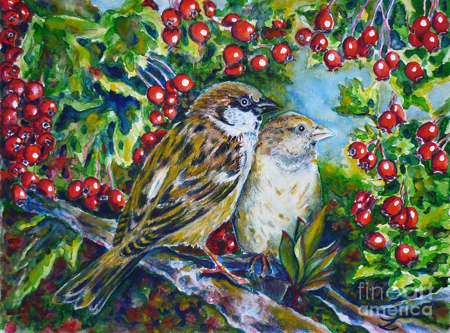Sparrows on the Hawthorn Painting by Zaira Dzhaubaeva