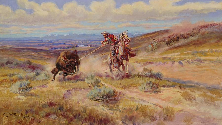 Bison Painting - Spearing A Buffalo by Charles Marion Russell