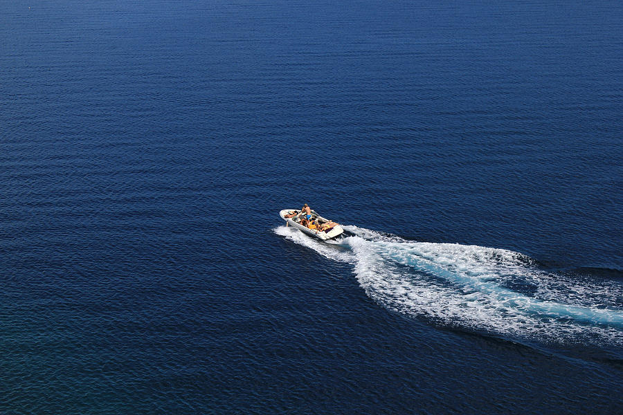 Speed boat aerial view on blue sea Photograph by Brch Photography