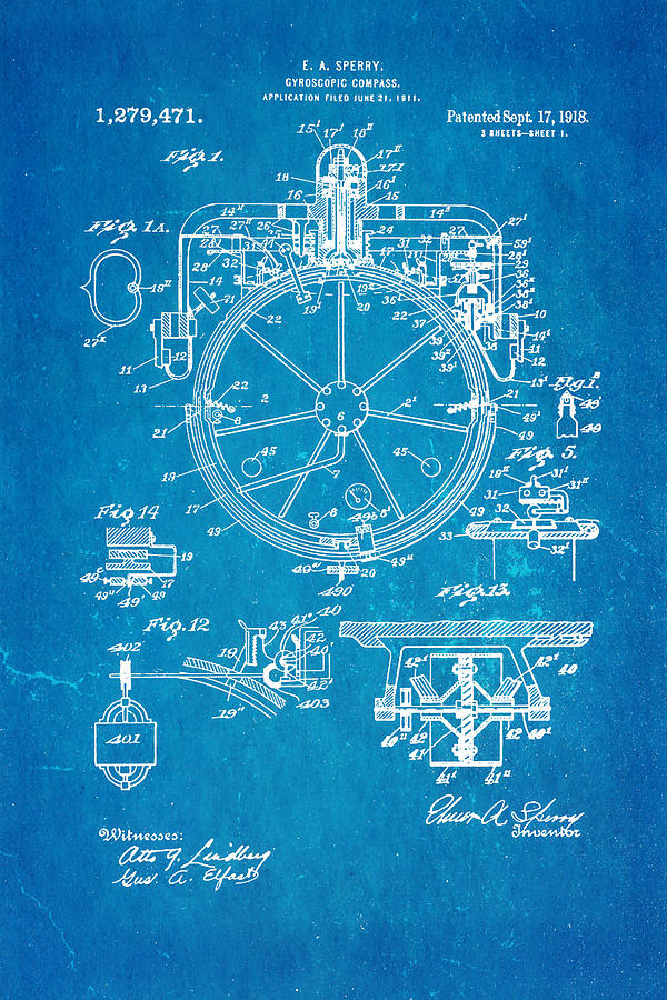 Vintage Photograph - Sperry Gyroscopic Compass Patent Art 1918 Blueprint by Ian Monk