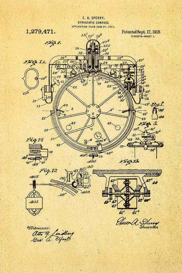 Vintage Photograph - Sperry Gyroscopic Compass Patent Art 1918 by Ian Monk