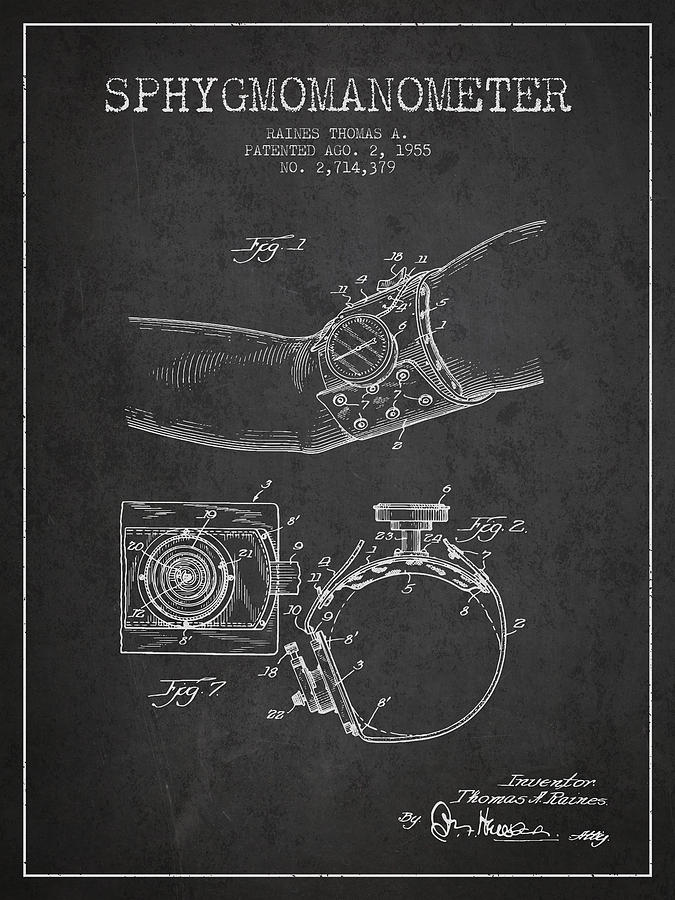 Vintage Digital Art - Sphygmomanometer patent drawing from 1955 - Dark by Aged Pixel