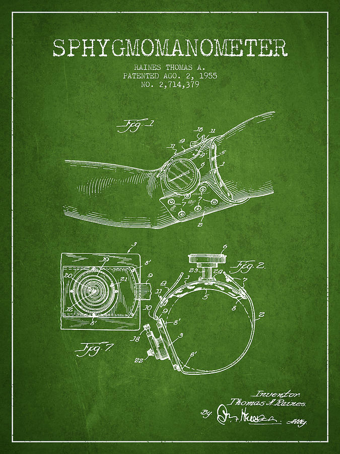 Vintage Digital Art - Sphygmomanometer patent drawing from 1955 - Green by Aged Pixel