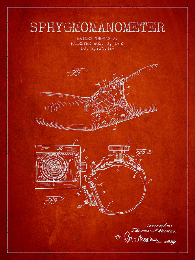 Vintage Digital Art - Sphygmomanometer patent drawing from 1955 - Red by Aged Pixel