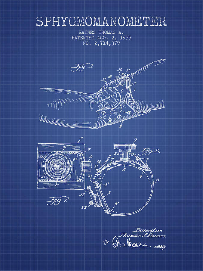 Vintage Digital Art - Sphygmomanometer patent from 1955  - Blueprint by Aged Pixel