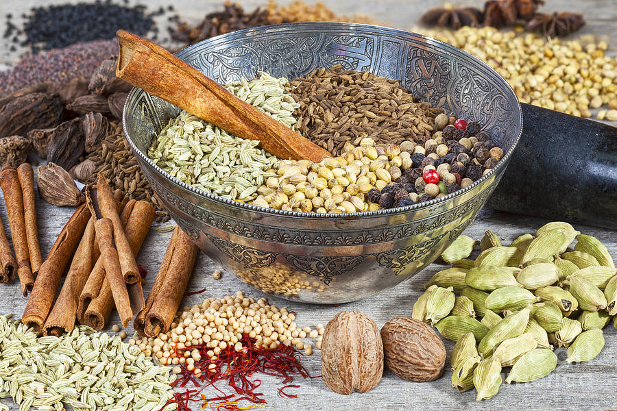 Bowl Photograph - Spices on a Rustic Board by Colin and Linda McKie