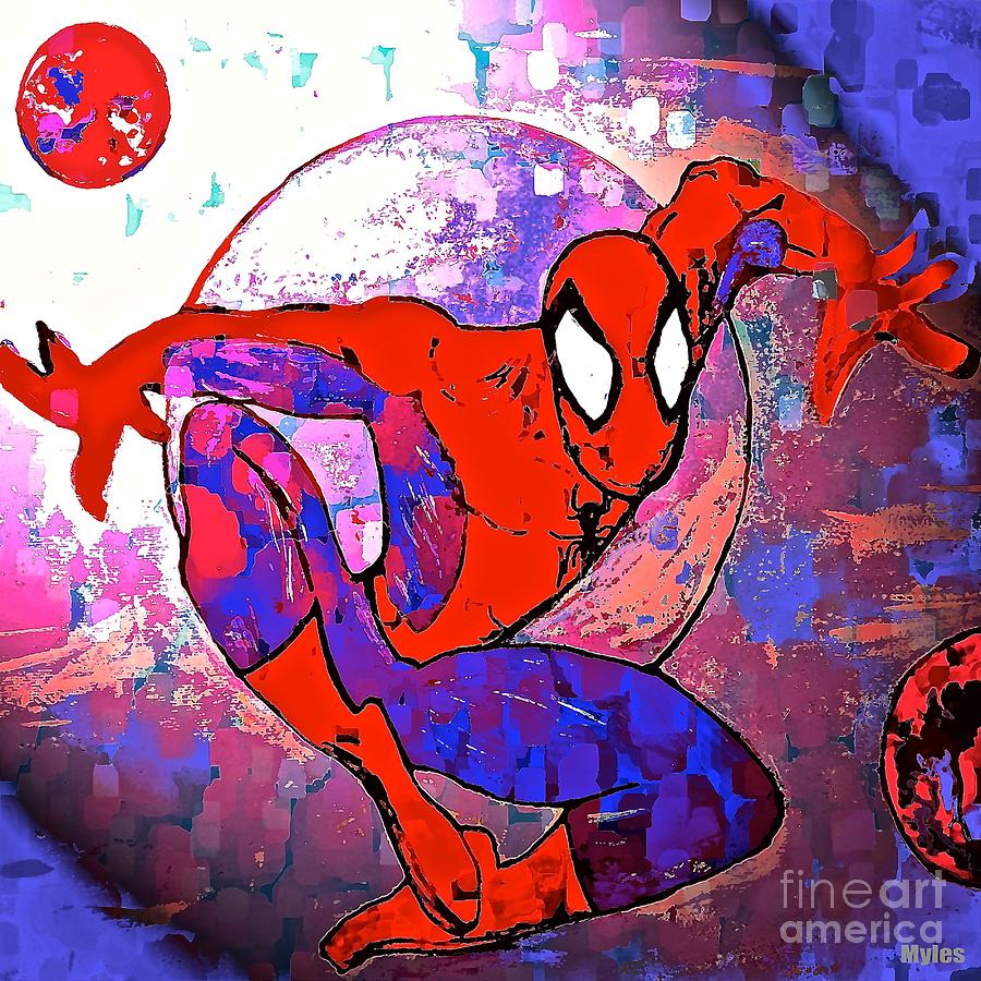 Superhero Painting - Spider Man and the Red Moon by Saundra Myles