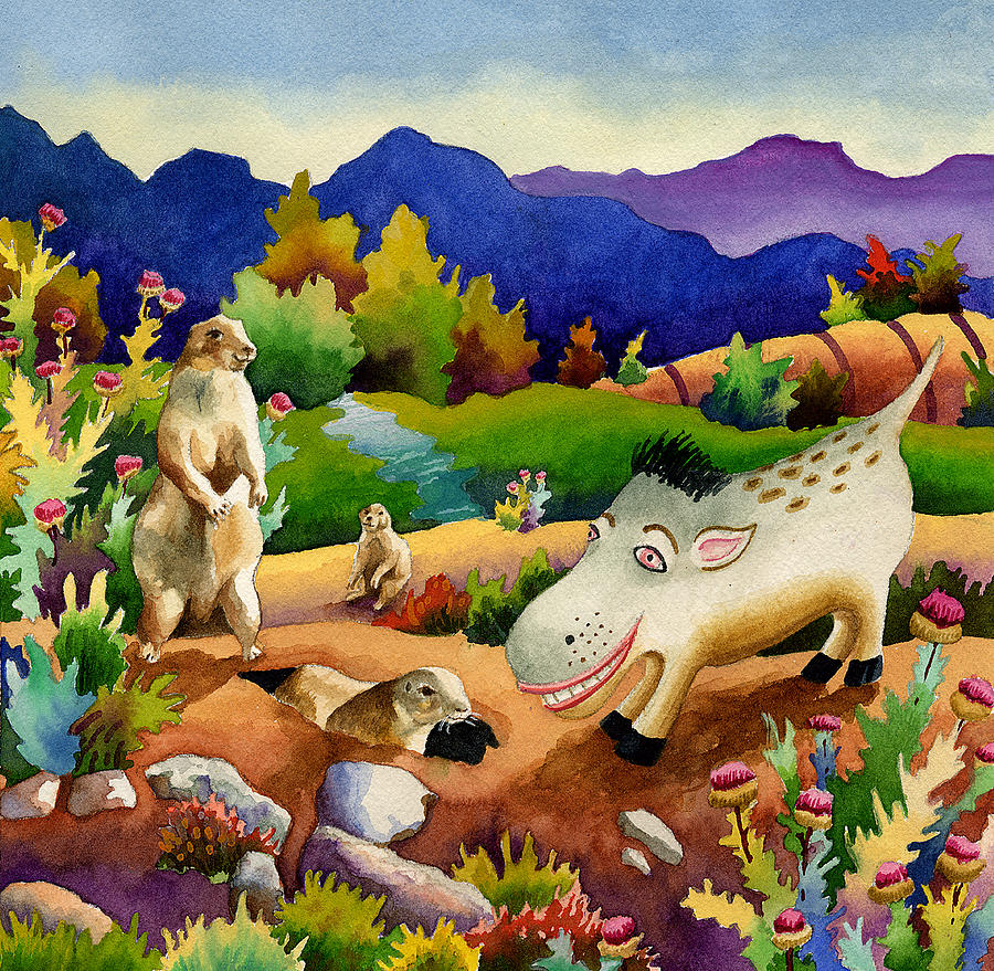 Book Illustration Painting - Spike the Dhog Chats with Some Friendly Prairie Dhogs by Anne Gifford