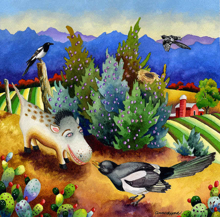 Book Illustration Painting - Spike the Dhog Meets a Magpie by Anne Gifford