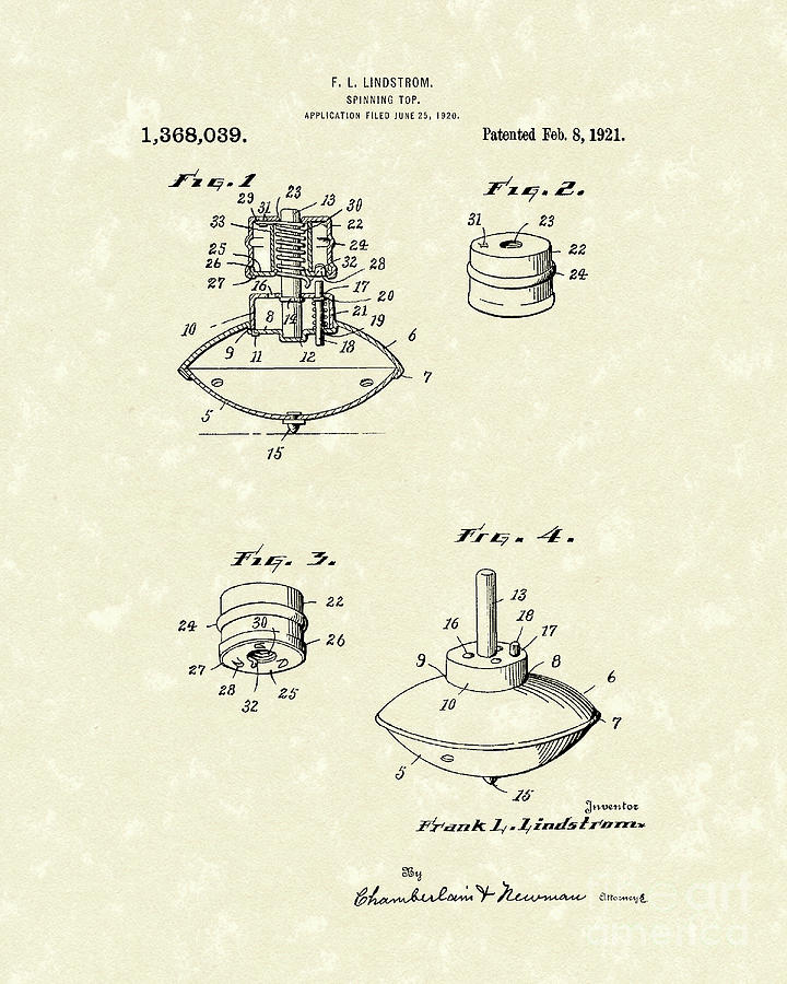 Spinning Top 1921 Patent Art Drawing by Prior Art Design