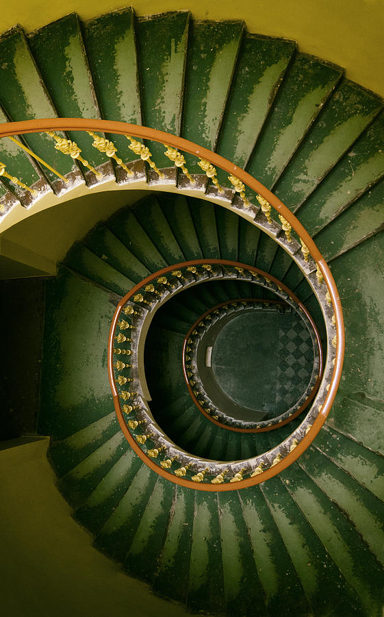 Vintage Photograph - Spiral stairs in green by Jaroslaw Blaminsky