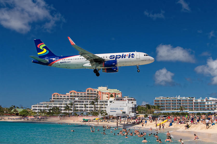 Spirit Airlines low approach to St. Maarten Photograph by David Gleeson