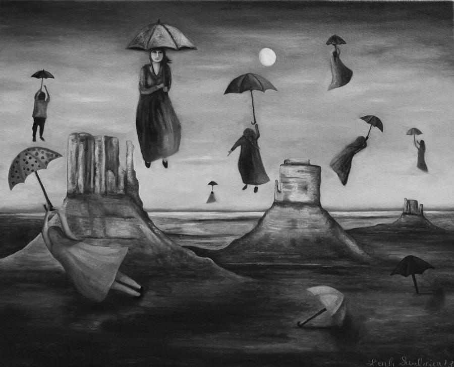 Spirits Of The Flying Umbrellas BW Painting by Leah Saulnier The Painting Maniac