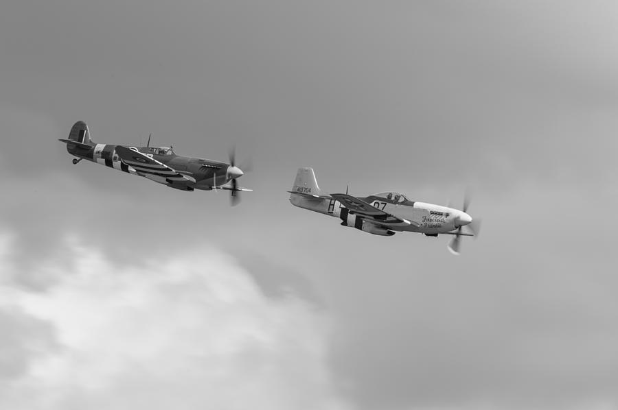 Airplane Photograph - Spitfire and Mustang black and white version by Gary Eason