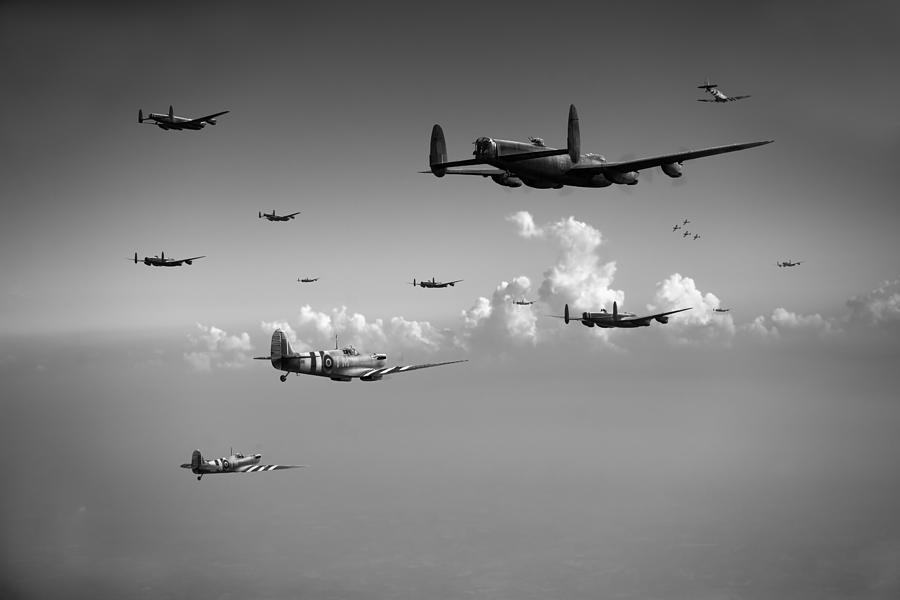 Spitfires escorting Lancasters black and white version Photograph by Gary Eason