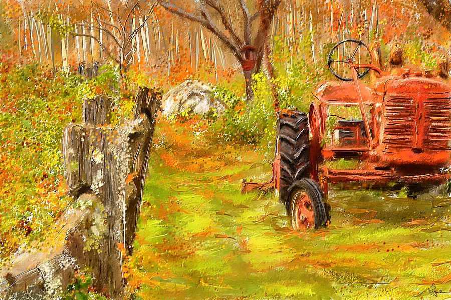 Splendor of the Past - Red Tractor Art Painting by Lourry Legarde