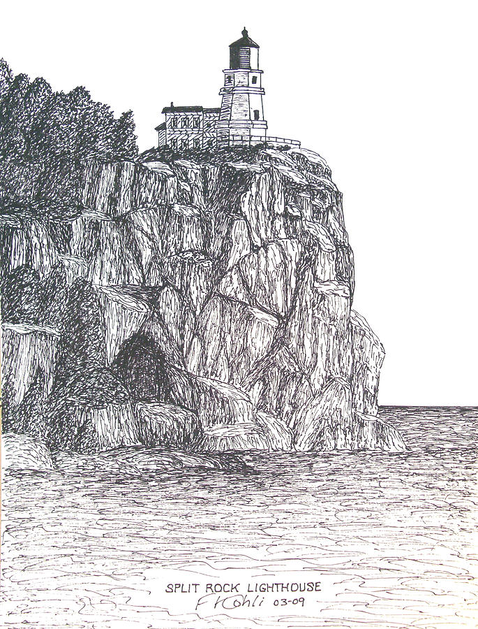 Rocks Drawing - Split Rock Light by Frederic Kohli