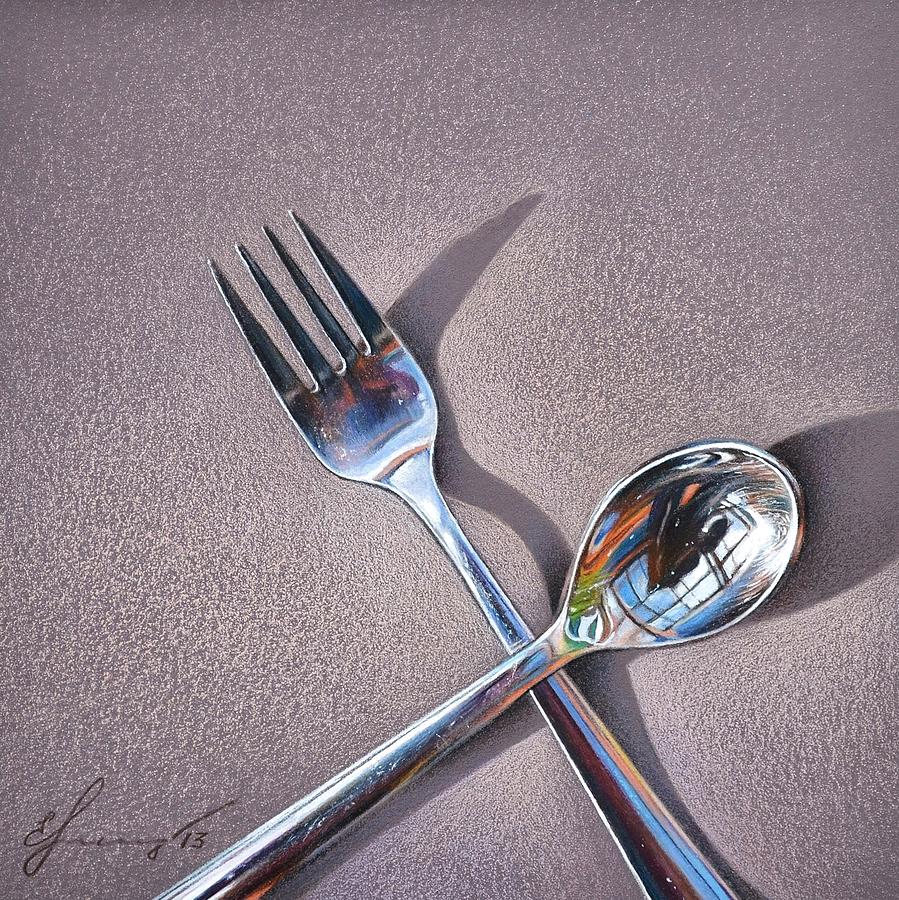 Still Life Drawing - Spoon and fork 2 by Elena Kolotusha