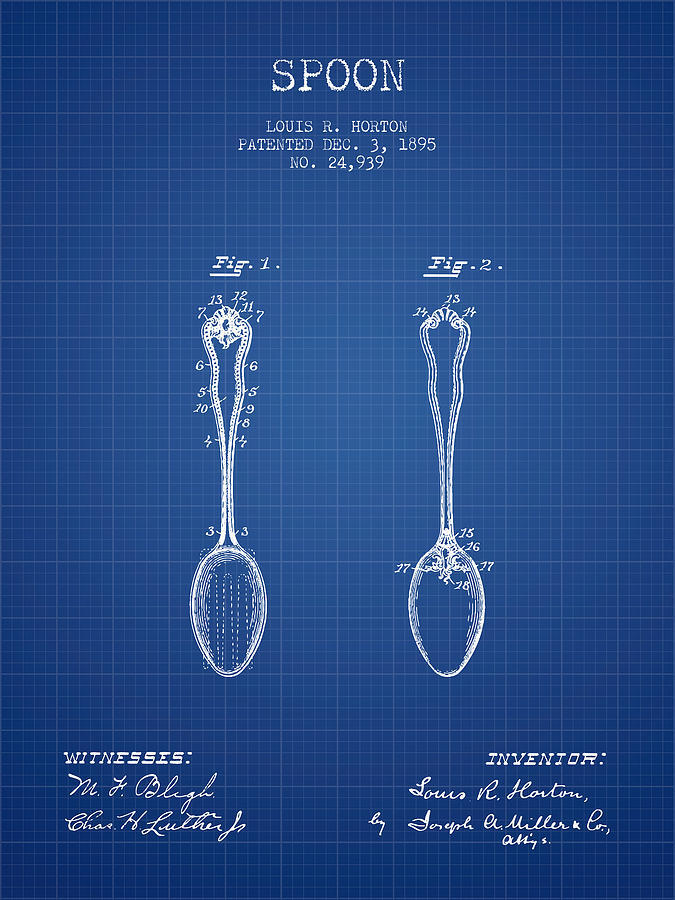 Vintage Digital Art - Spoon patent from 1895 - Blueprint by Aged Pixel