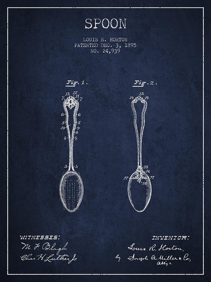 Vintage Digital Art - Spoon patent from 1895 - Navy Blue by Aged Pixel