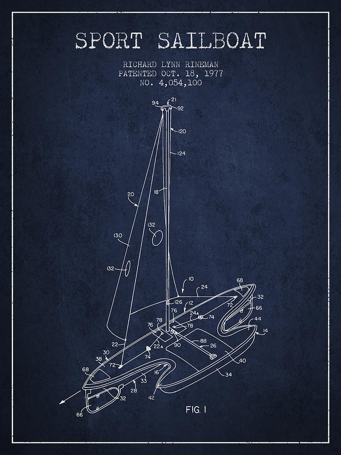 Sport Sailboat Patent From 1977 - Navy Blue Digital Art