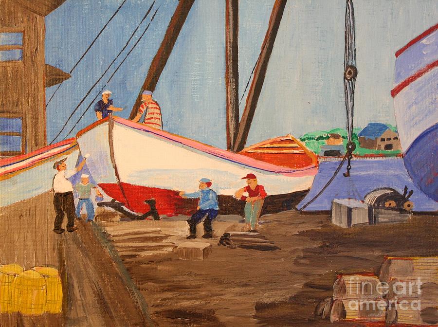 Boat Painting - Spring at the Harbor - Tysvers Wharf 1935 by Bill Hubbard