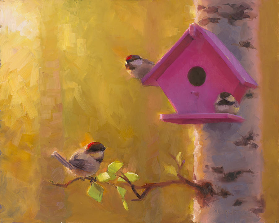 Spring Chickadees 1 - Birdhouse and Birch Forest Painting by K Whitworth