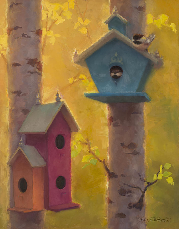 Spring Chickadees 2 - Birdhouse and Birch Forest Painting by K Whitworth