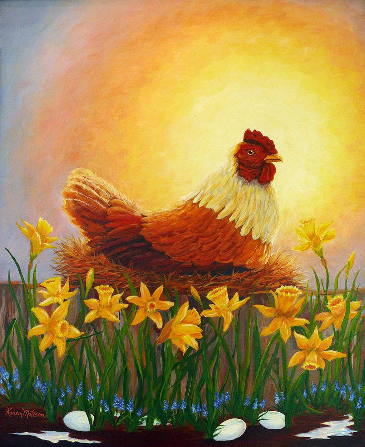 Spring Chicken Painting by Karen Mattson