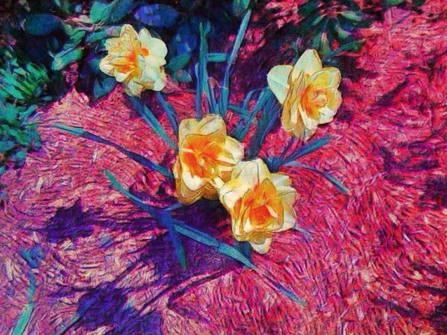 H Spring Daffodils on Red - Horizontal Painting by Lyn Voytershark