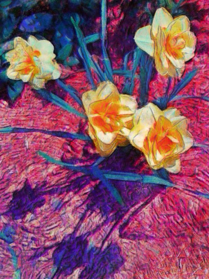 V Spring Daffodils on Red - Vertical  Digital Art by Lyn Voytershark