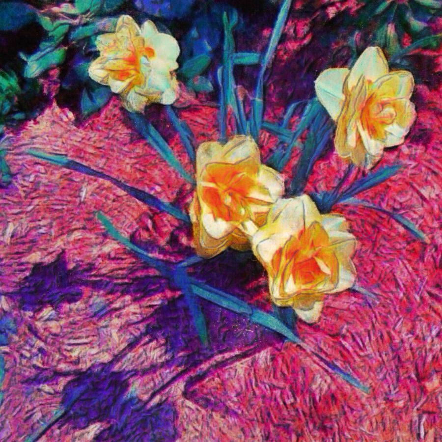 S Spring Daffodils on Red - Square Painting by Lyn Voytershark